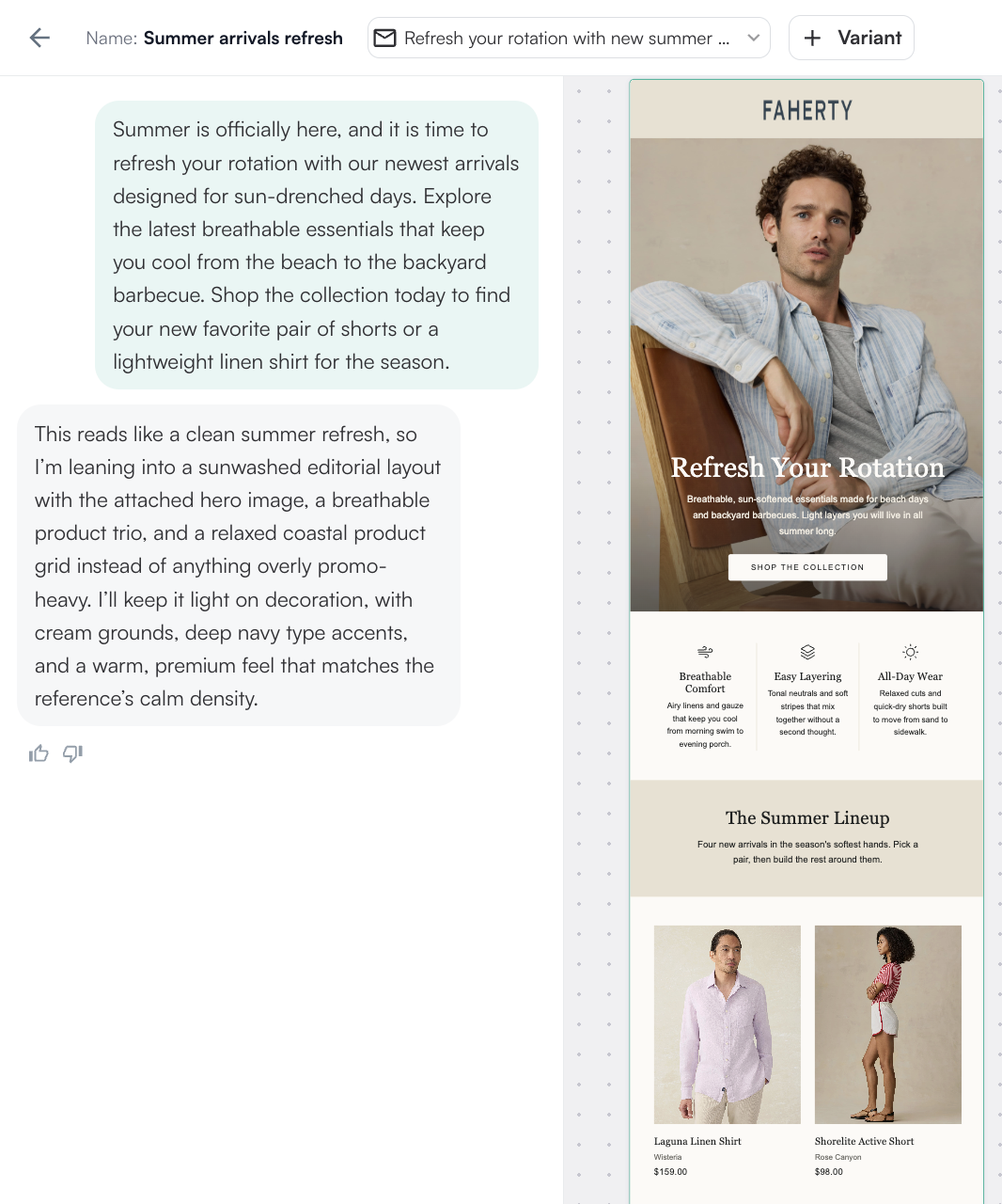 The nexmail AI chat panel generating an on-brand summer campaign email for an apparel client